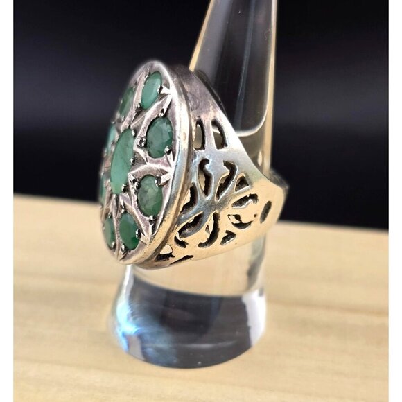 Vintage Estate 925 Sterling Silver & Emerald Ring Large Size 7-1/2 15.2 grams - Picture 2 of 12